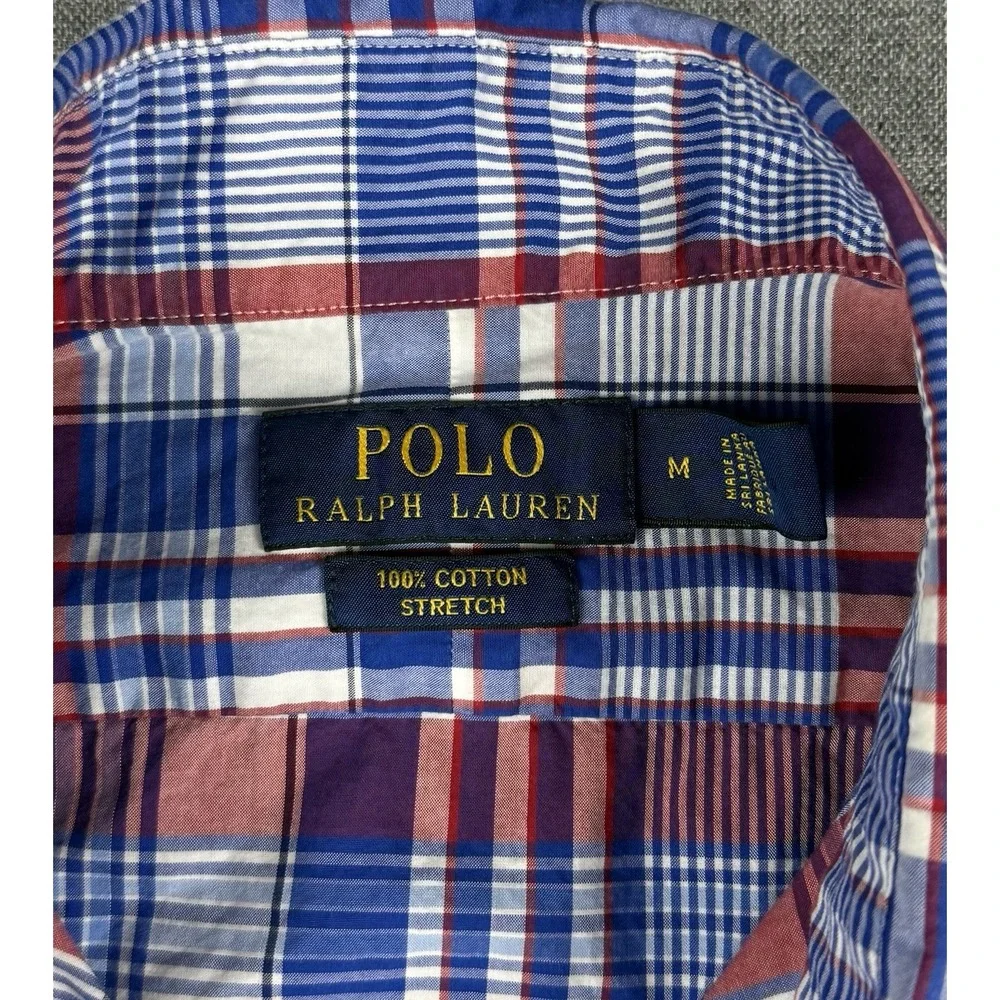Polo Ralph Lauren Custom Fit Stretch Plaid Shirt Men's Medium Red Blue Cotton